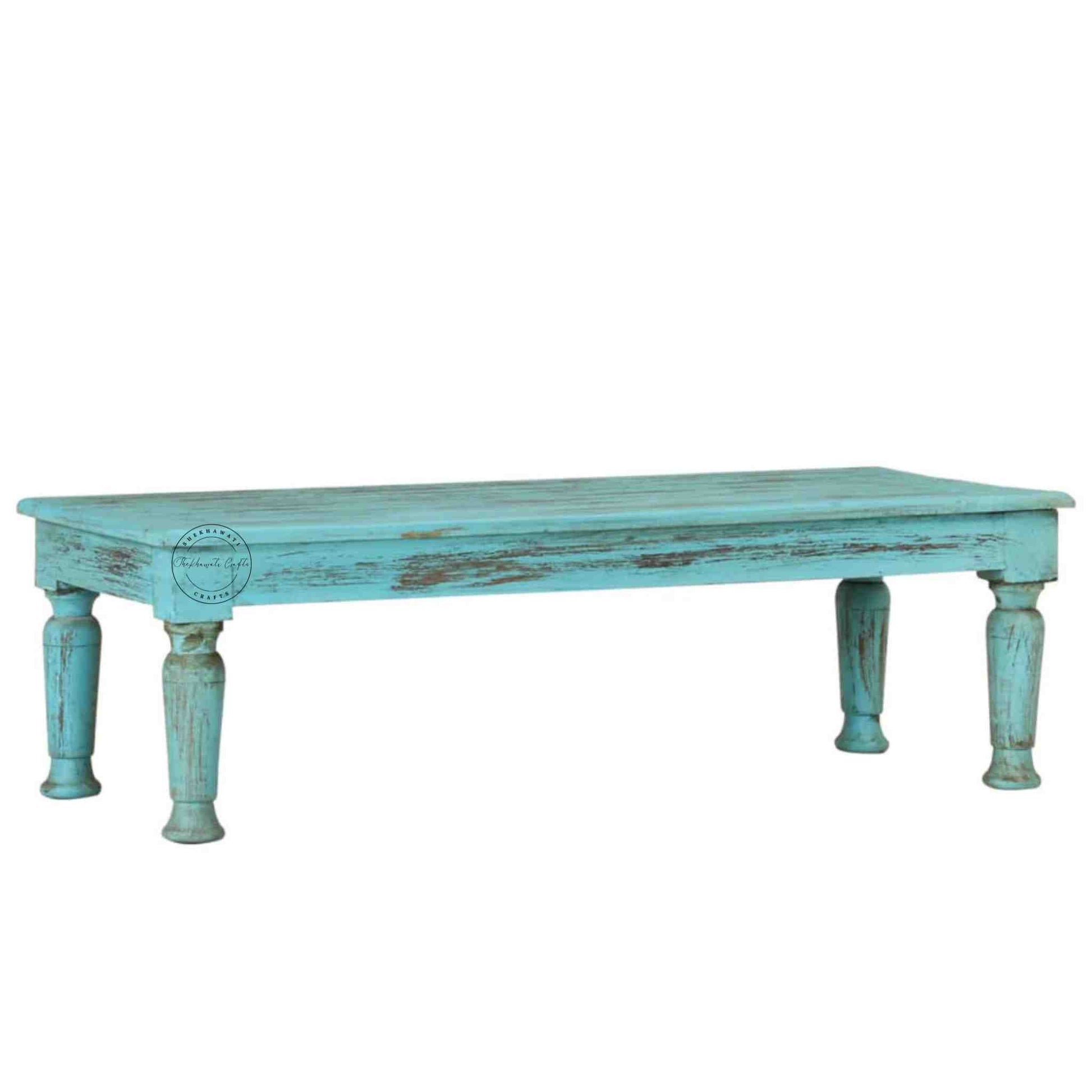 handcrafted Vistaar Center Table crafted with mango wood rustic sky blue finish and detachable legs.