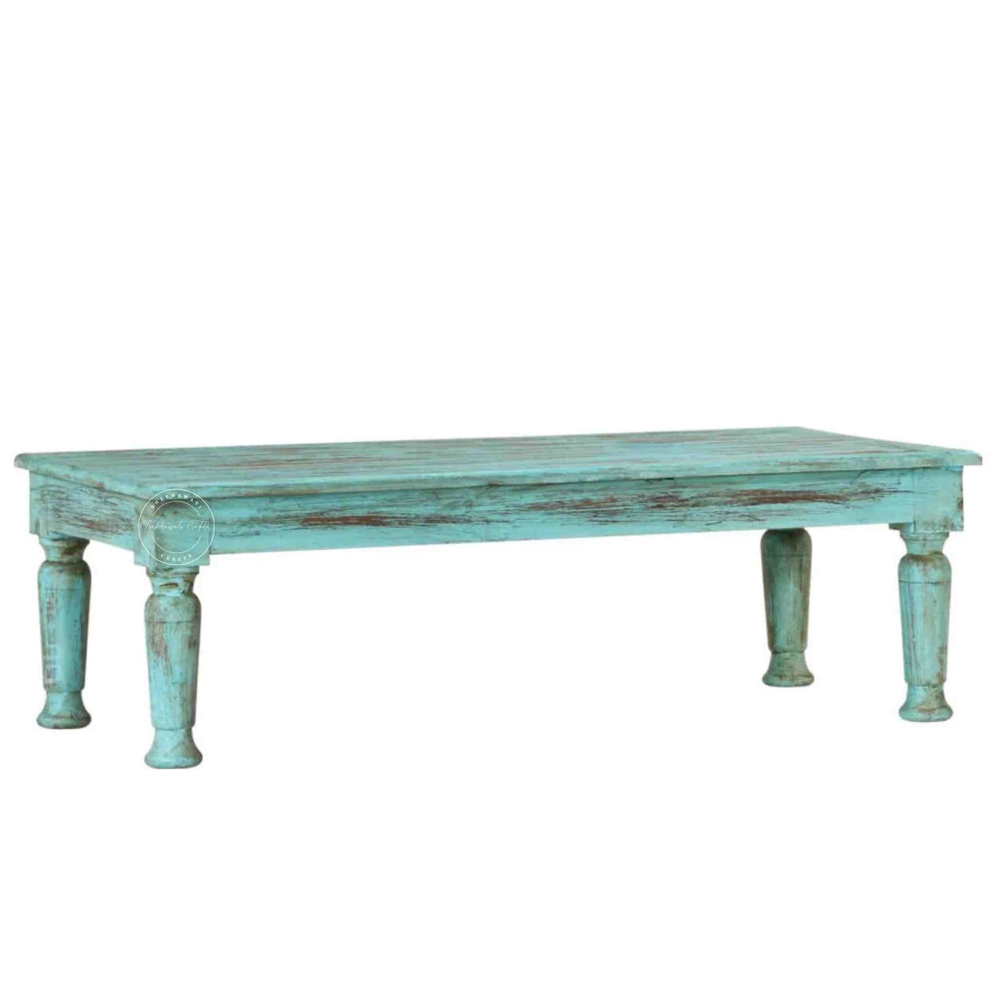 handcrafted Vistaar Center Table crafted with mango wood rustic sky blue finish and detachable legs.
