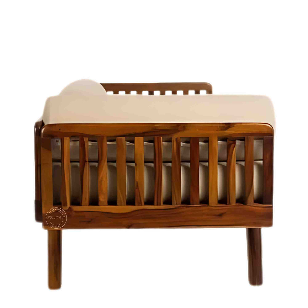 side view of a handcrafted Daybed made from sheesham wood with extra comfort jute fabric and DIY assemble design.