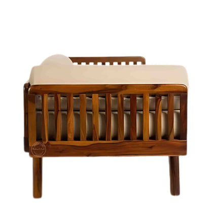 side view of a handcrafted Daybed made from sheesham wood with extra comfort jute fabric and DIY assemble design.