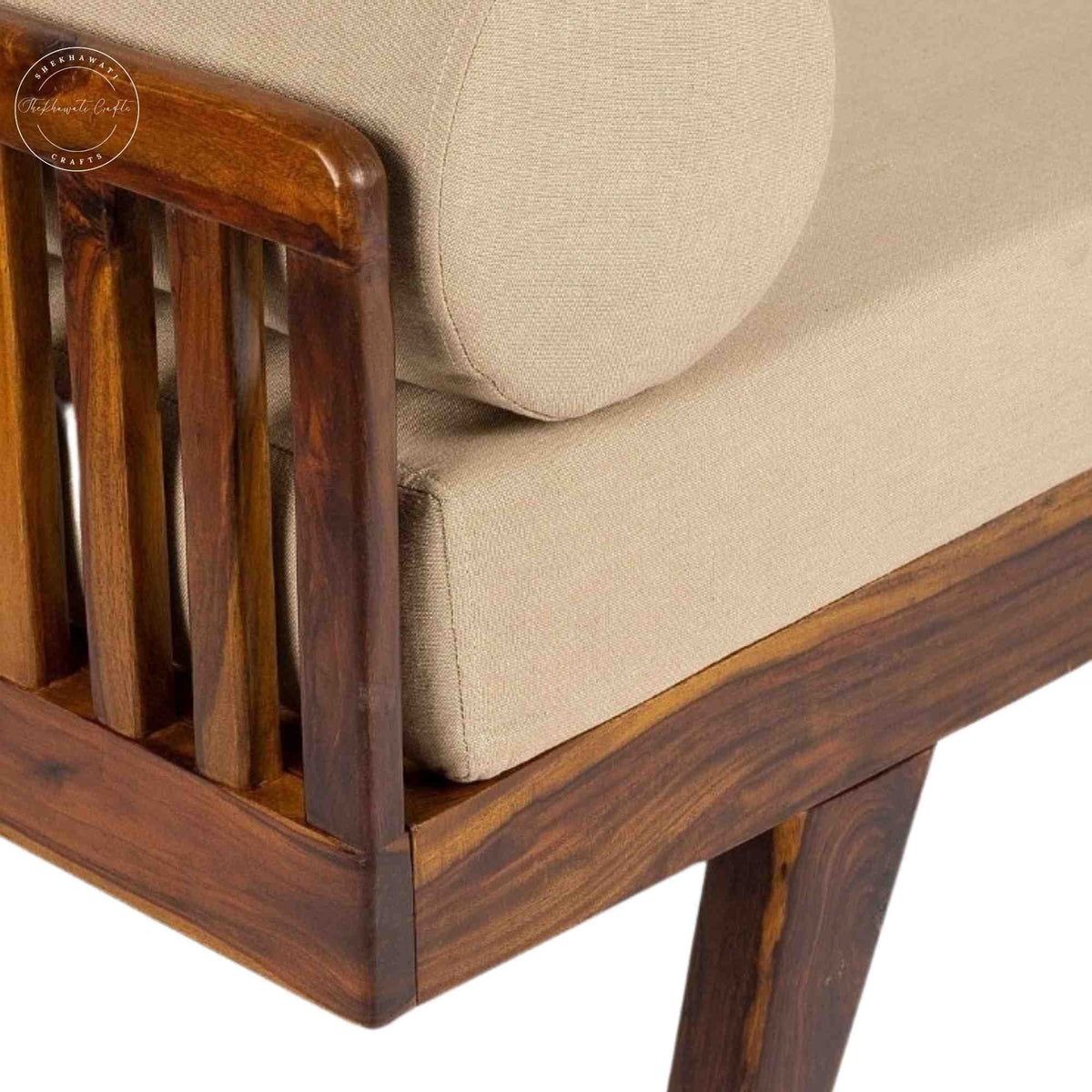 Close-up view of handcrafted Vita Daybed made from sheesham wood with extra comfort jute fabric and DIY assemble design.
