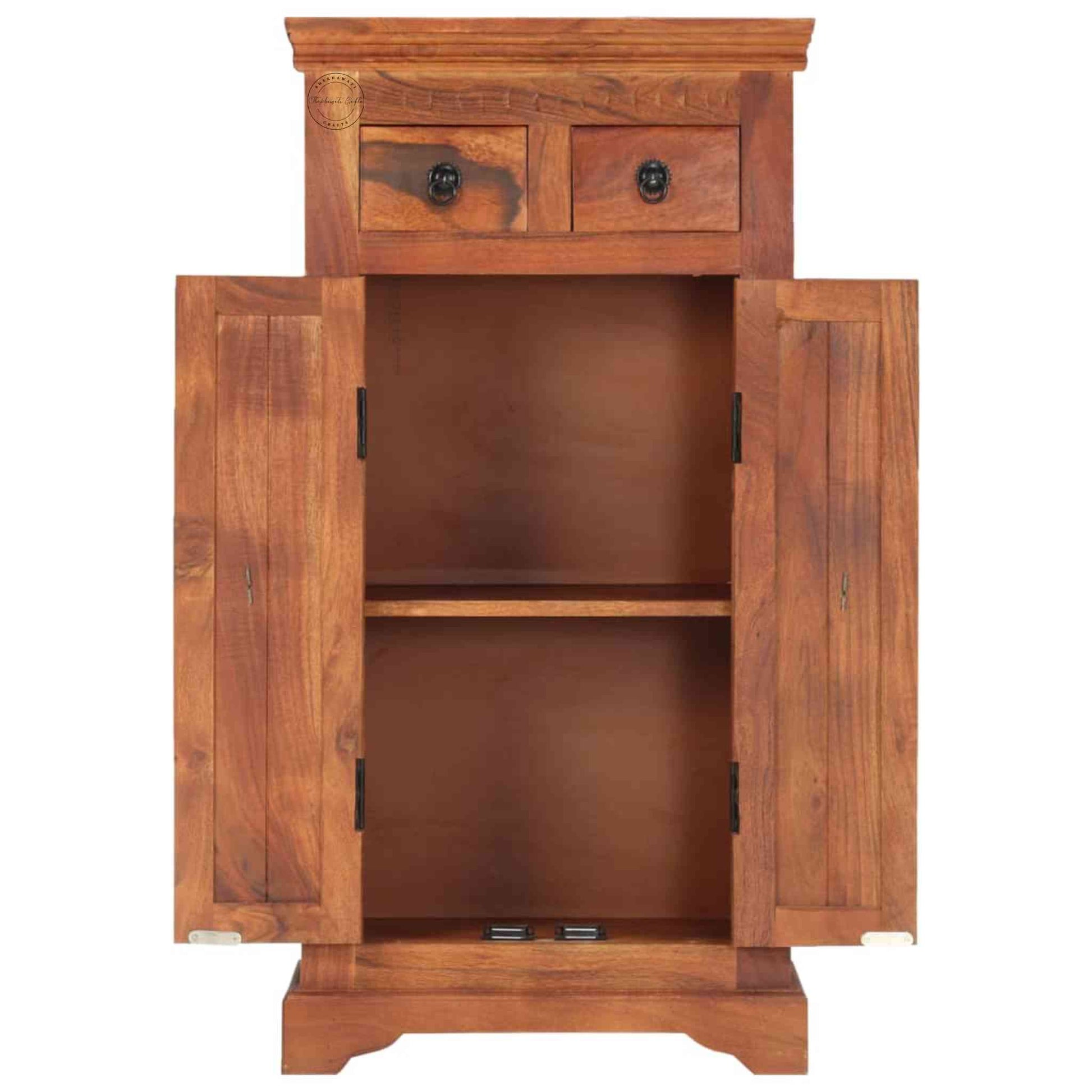 Walker Mini Tower Cabinet is handcrafted with Sheesham wood and a natural finish.