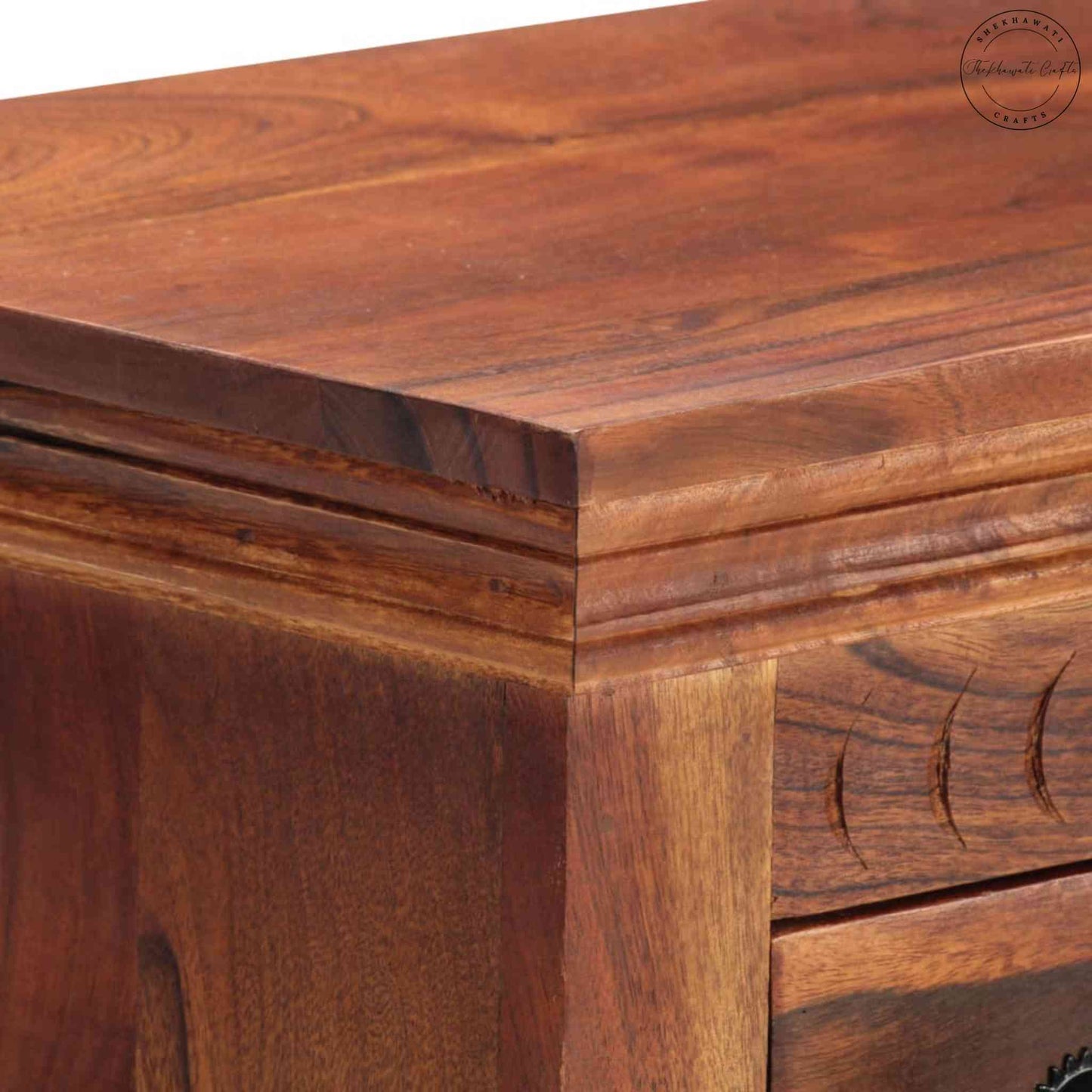 Walker Mini Tower Cabinet is handcrafted with Sheesham wood and a natural finish.