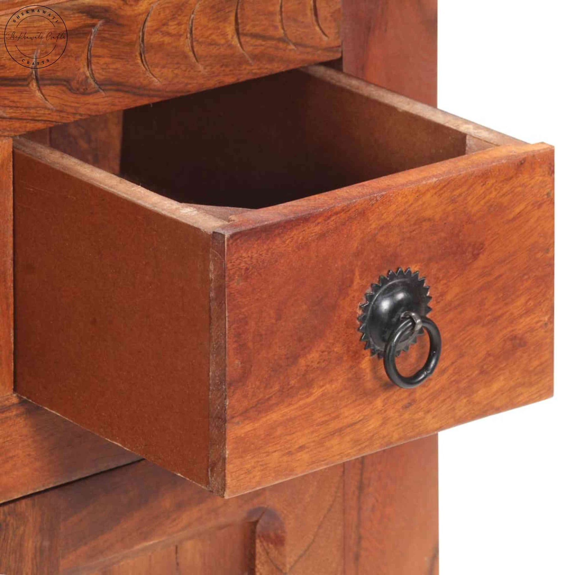 Walker Mini Tower Cabinet is handcrafted with Sheesham wood and a natural finish.