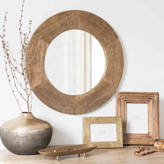 Walter Mirror Frame handcrafted with solid mango wood with natural finish. round shape wooden mirror frame.
