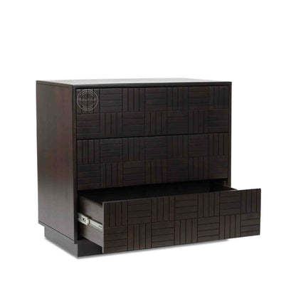 Westcote chest of drawers made from sheesham wood with 3 storage drawers, finished in walnut.