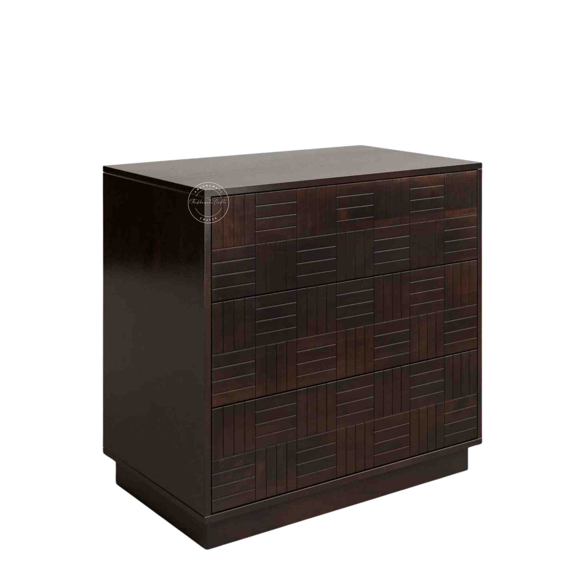 Westcote chest of drawers made from sheesham wood with 3 storage drawers, finished in walnut.