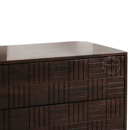 Westcote chest of drawers made from sheesham wood with 3 storage drawers, finished in walnut.