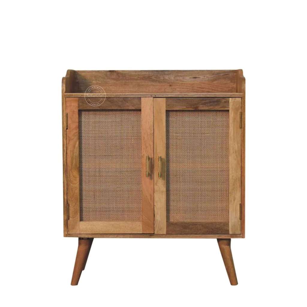 A accent modern wooden cabinet with two cane-screen doors and angled wooden legs, shown against a plain white background.