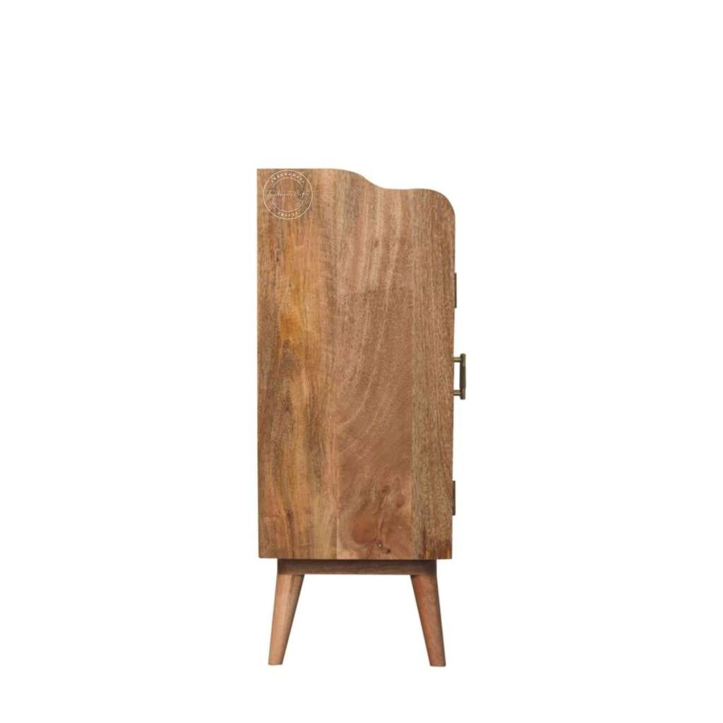 A accent mid-century modern wooden cabinet with a curved top, natural wood grain, and tapered legs, shown from the side against a plain white background.