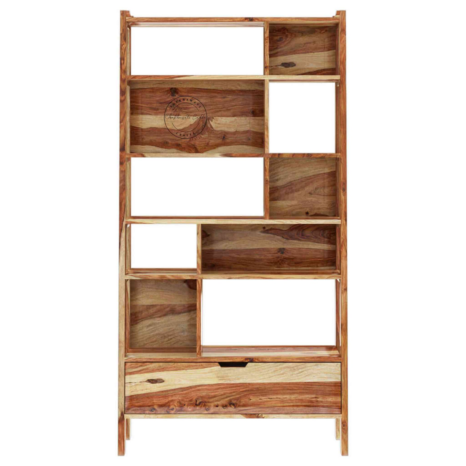 Handcrafted ayaan sheesham wood bookshelf with honey finish, open shelves and 1 drawer.